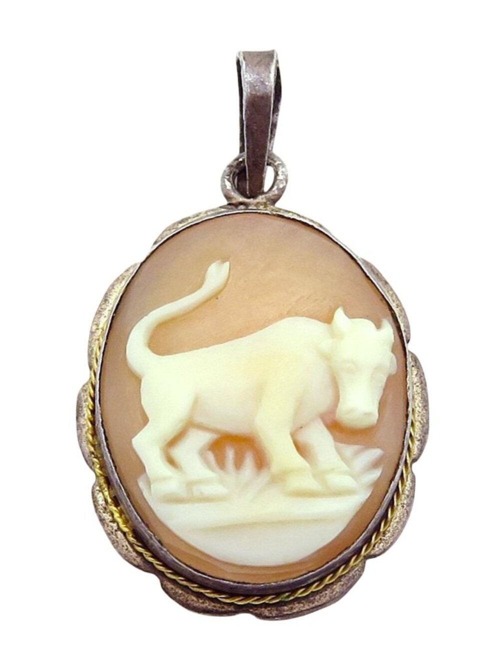 Vintage Sterling Silver Taurus the Bull Shell Cameo Pendant 1960s